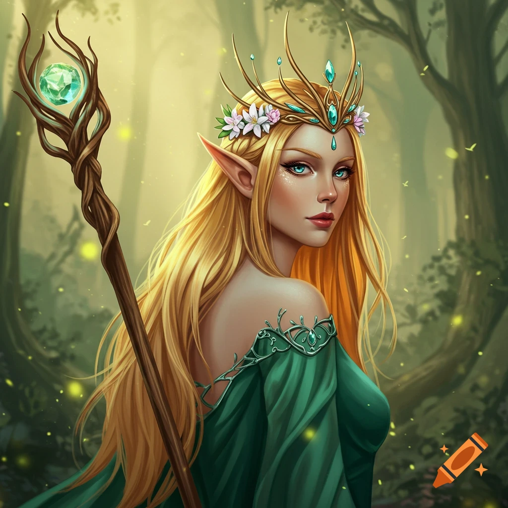 An elf queen holds a staff in a forest.
