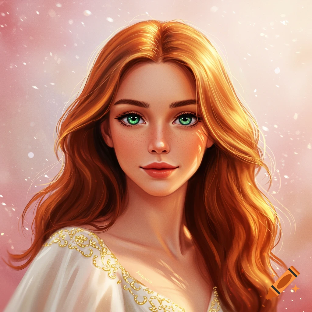 Woman with long red hair, green eyes, and freckles, wearing a white dress with gold trim, against a soft pink background.