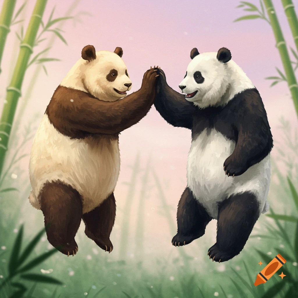 Two pandas high-fiving while jumping in a bamboo forest.