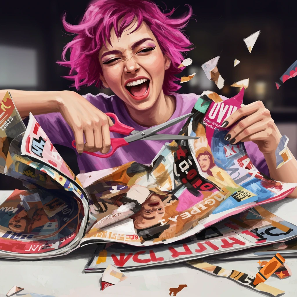 Painting of a person with pink hair excitedly cutting up magazines.