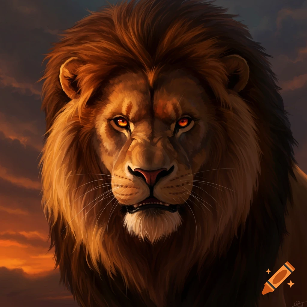 A fierce lion with glowing eyes against a sunset sky.