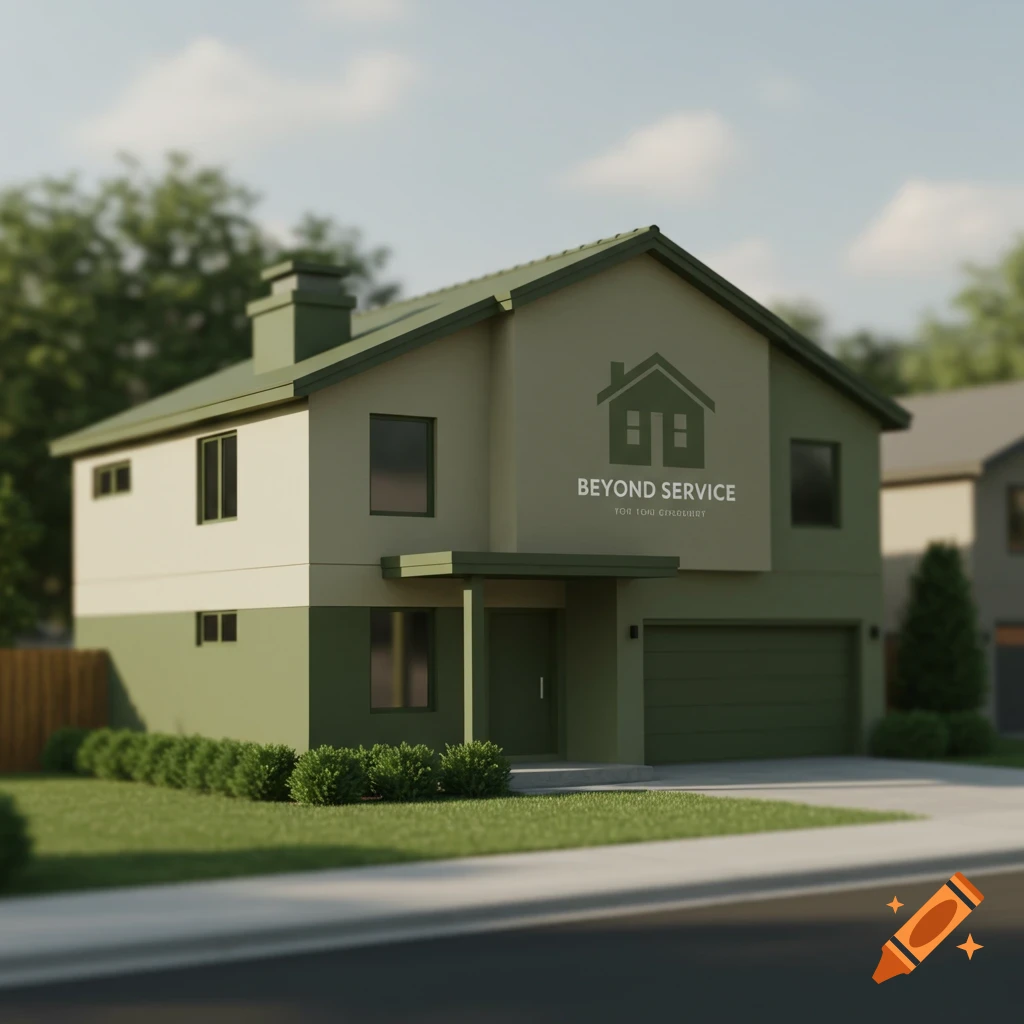 A modern green and beige house with a 'Beyond Service' logo on the side, 3D render