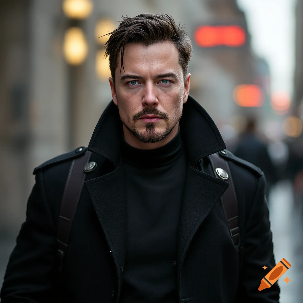 A man with a goatee and slicked-back hair wears a black turtleneck and coat in an urban setting.