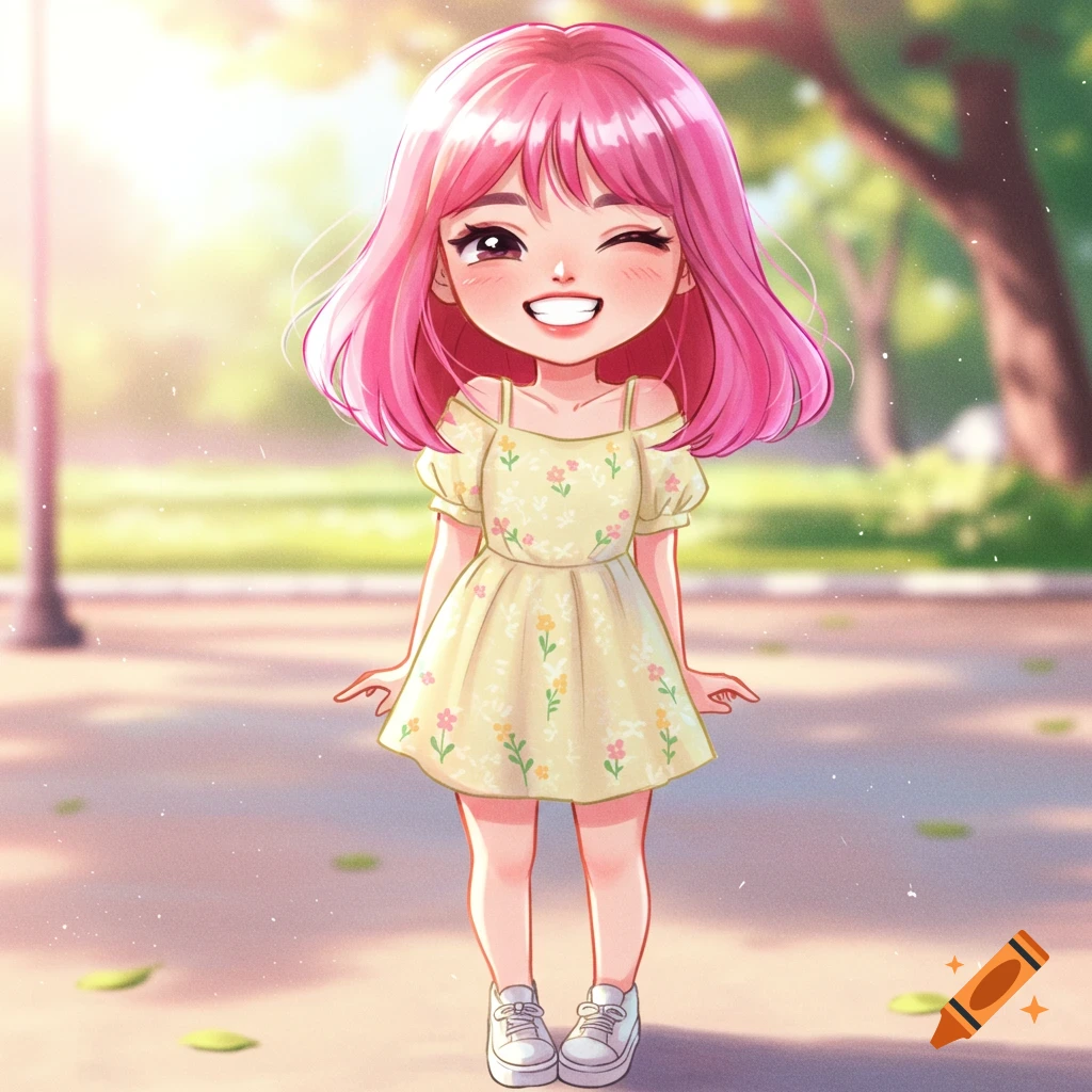 A cute anime girl with pink hair in a yellow dress, winking in a sunny park.