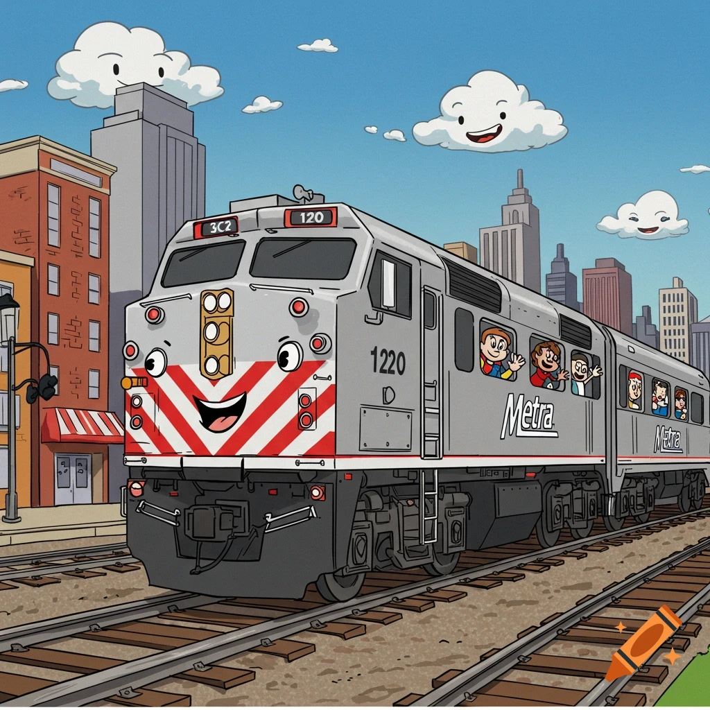 Cartoon train with a happy face carries children through a city landscape under smiling clouds.