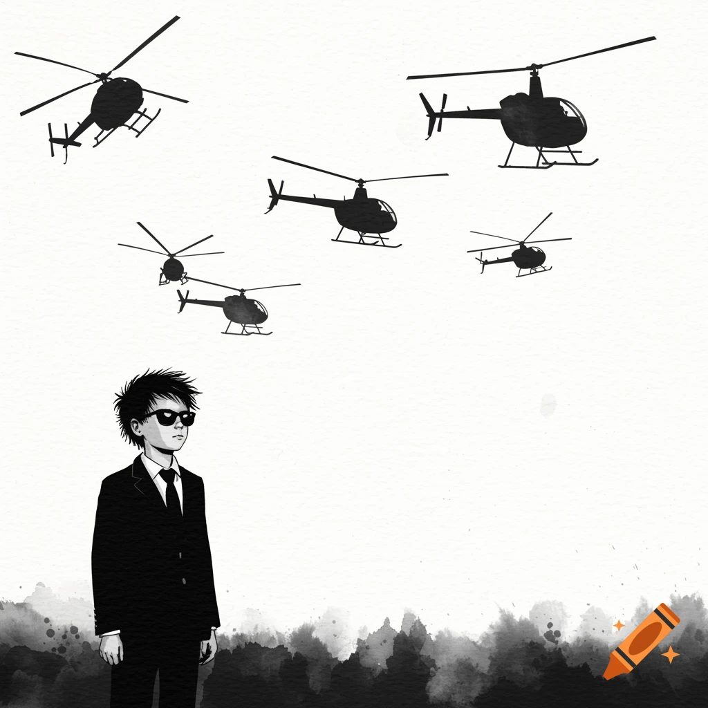 Black and white silhouette of person in suit looking at helicopters in sky, watercolor style.