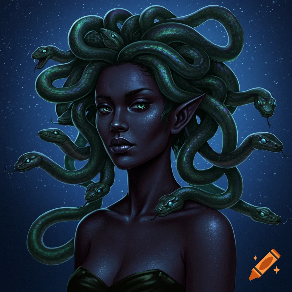 Portrait of a Black Medusa with snake hair against a starry background.