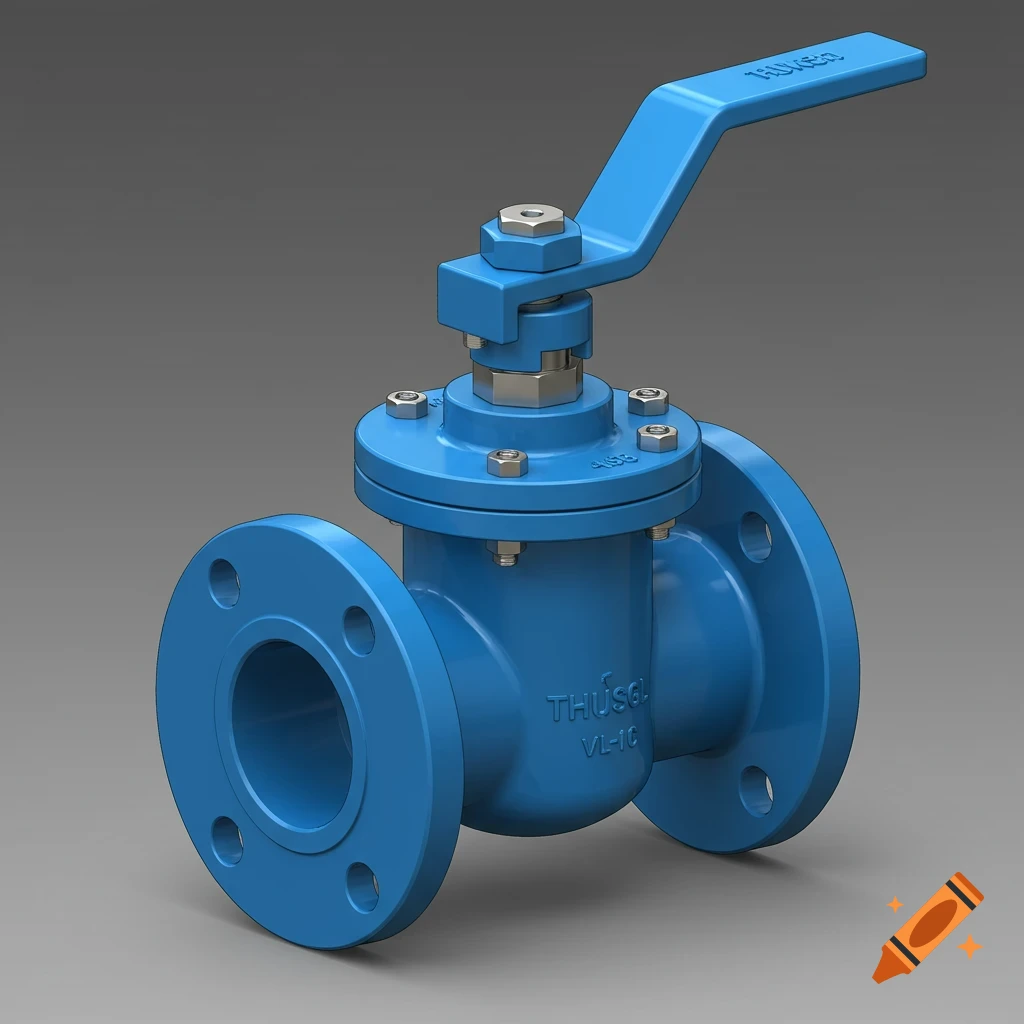 Photorealistic render of a blue flanged ball valve