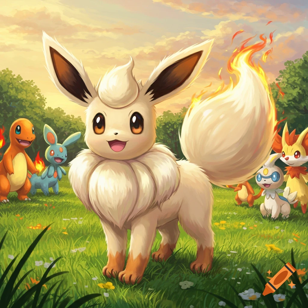 A Flareon stands in a grassy field with Charmander, Marill, and other Pok
ash;mon at sunset.