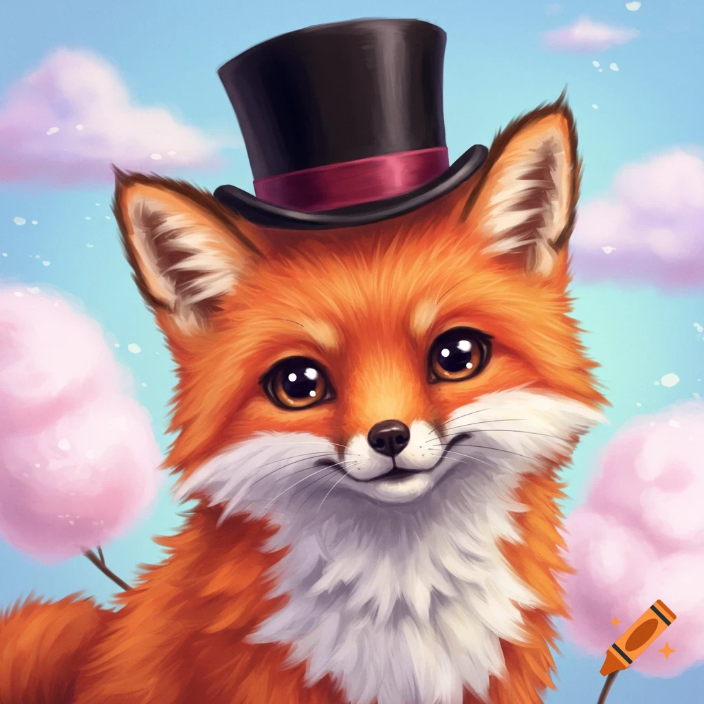 A cute fox wearing a top hat against a sky with pink clouds.