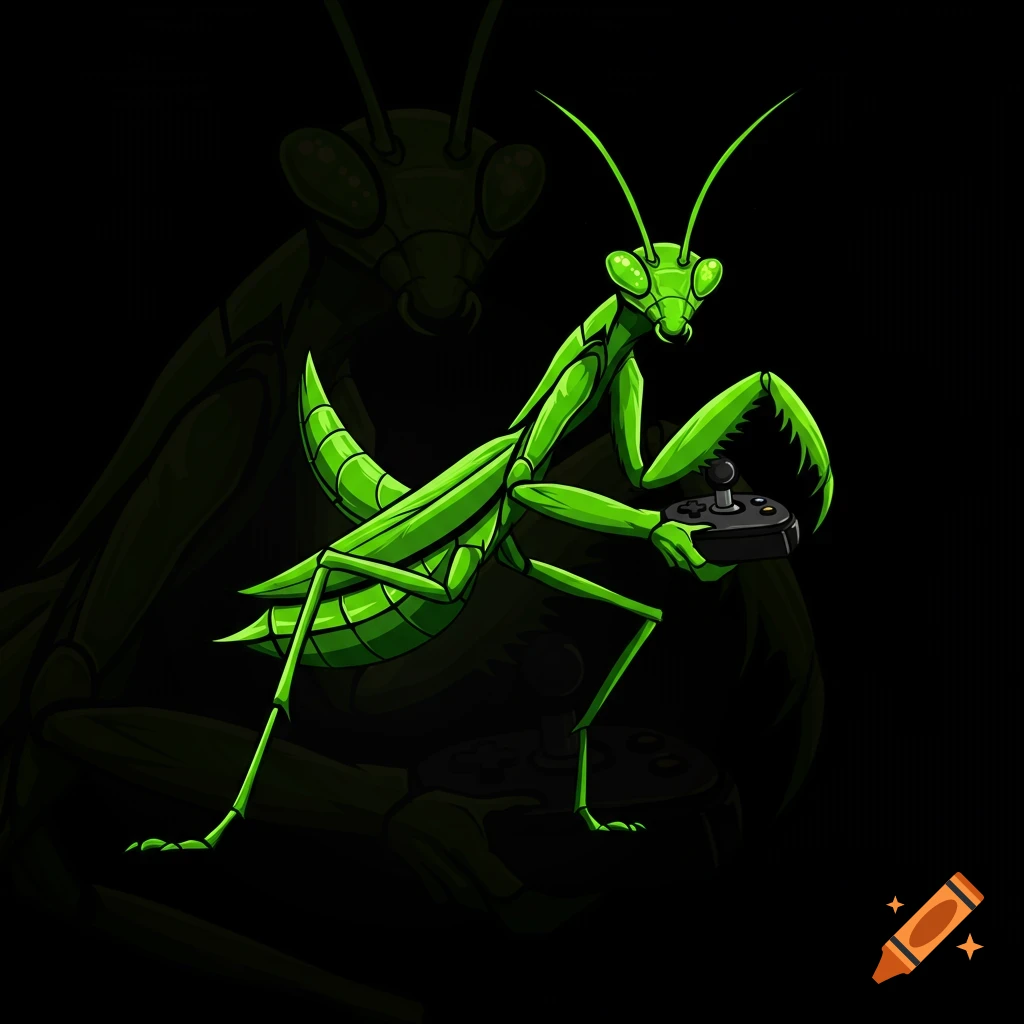 A green praying mantis holding a video game controller in a cartoon logo style.