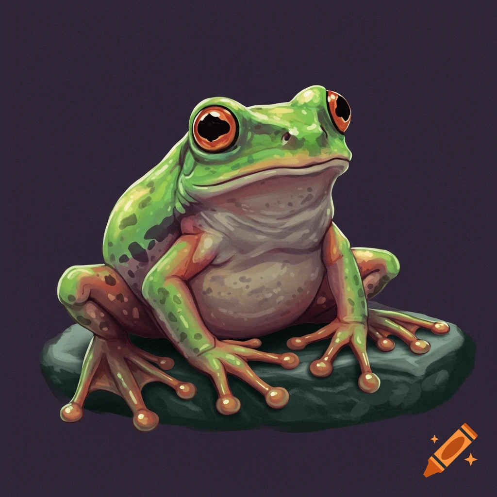 A green frog with orange eyes sitting on a rock.