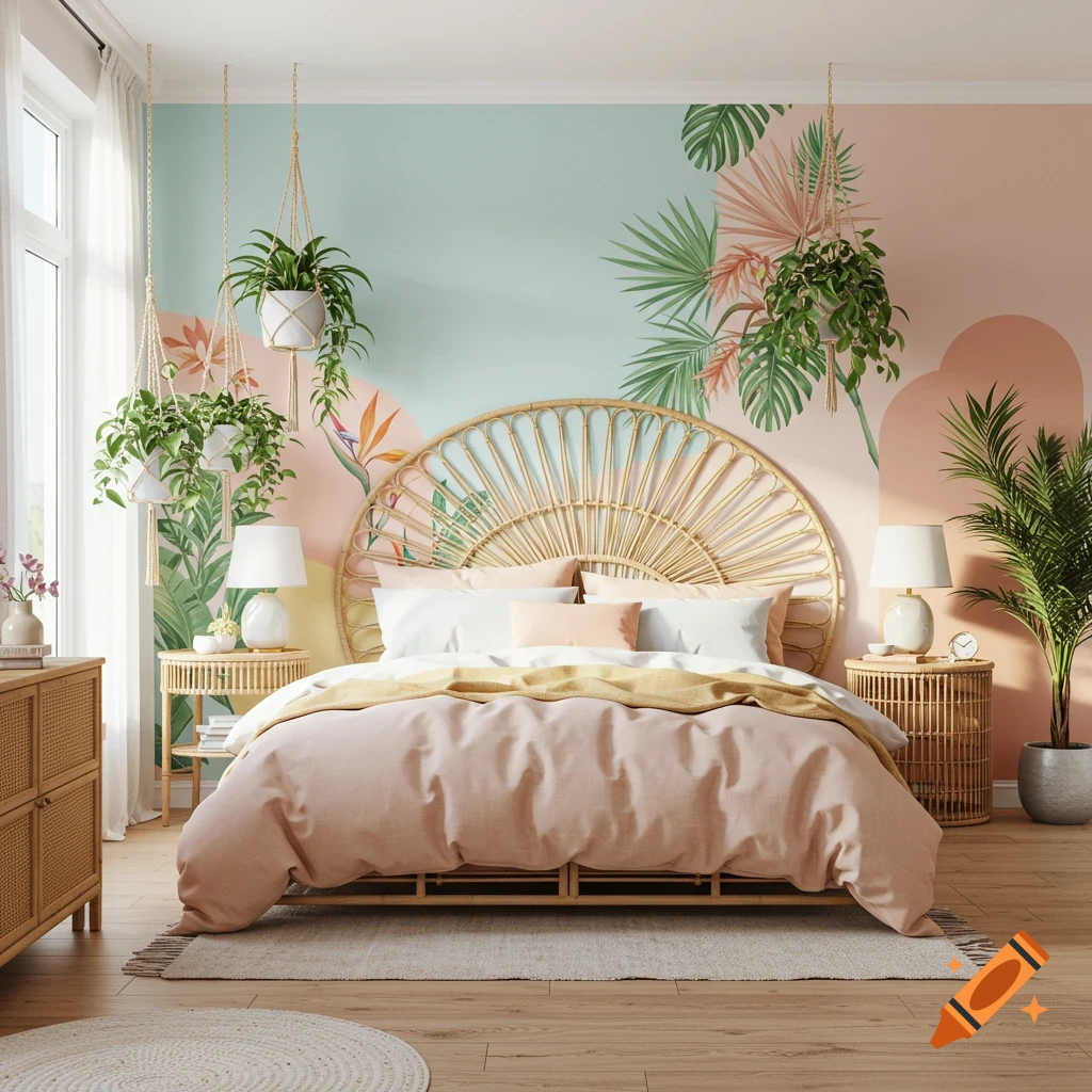 Tropical themed bedroom with rattan furniture, hanging plants, and a wall mural.