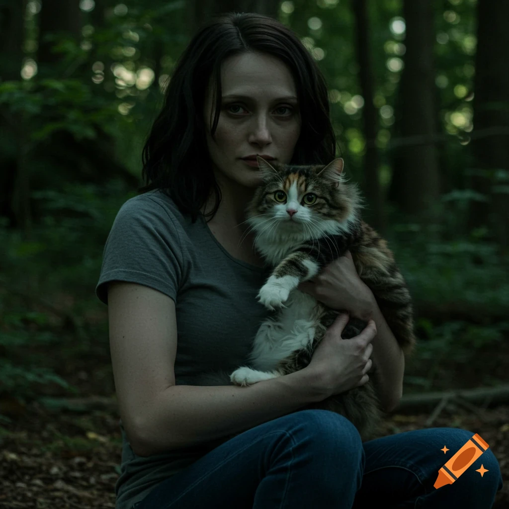 Woman holding a fluffy cat in a dark forest. Dramatic, cinematic style.