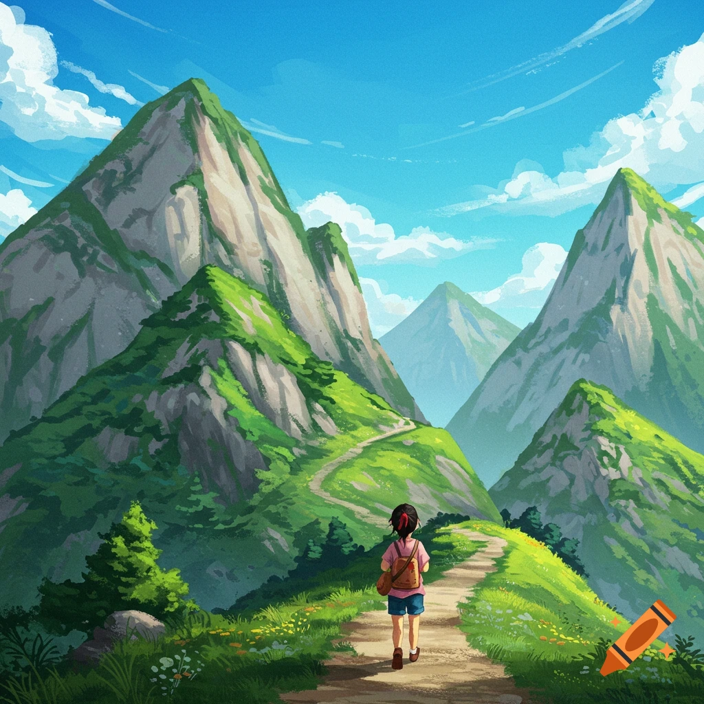 A person is hiking up a mountain path towards distant peaks under a blue sky.