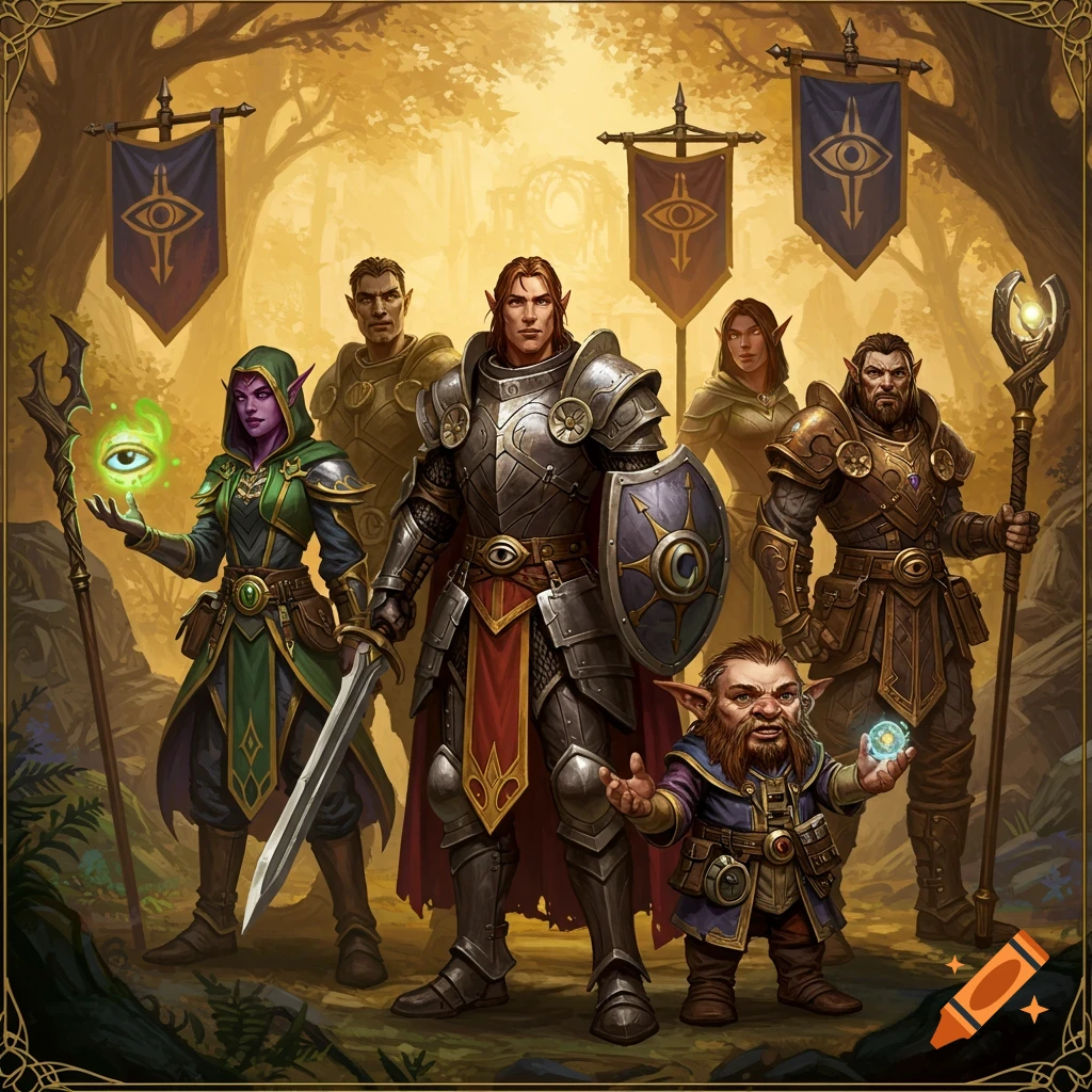 A group of fantasy characters including elves, dwarf, and warriors are gathered in a forest clearing with banners.