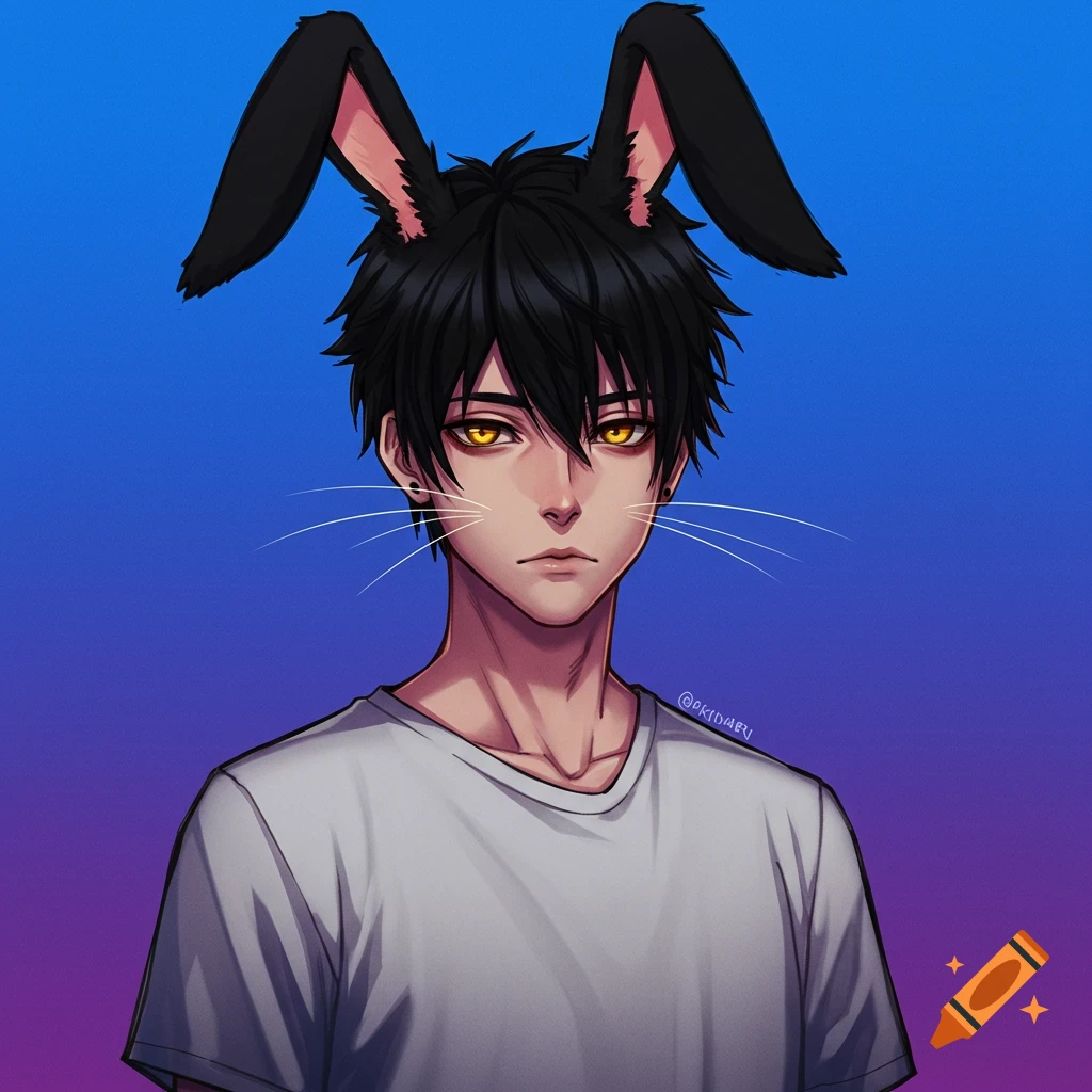 An anime-style portrait of a male character with black hair, yellow eyes, rabbit ears, and whiskers.