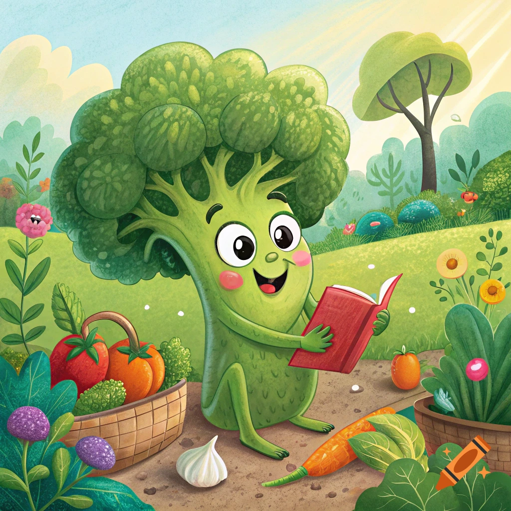 Cartoon broccoli character sitting in a garden reading a book, surrounded by vegetables.