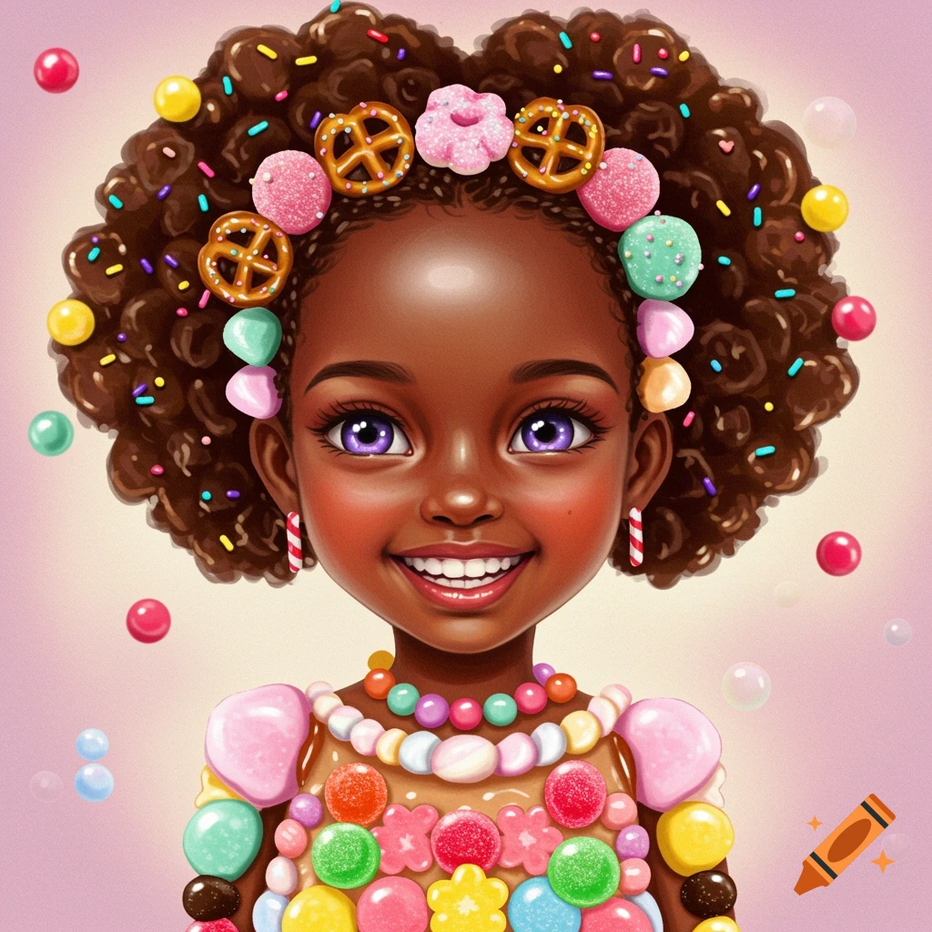 Whimsical image of a young girl made of colorful candies, with curly hair, candy accessories, and a bright smile.