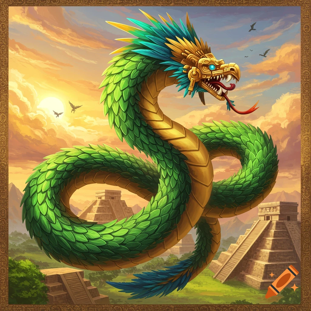 A feathered serpent, Quetzalcoatl, flying over ancient pyramids at sunset
