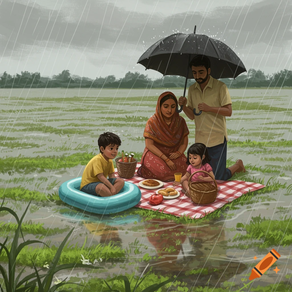 A family is having a picnic under an umbrella in a flooded field in the rain.