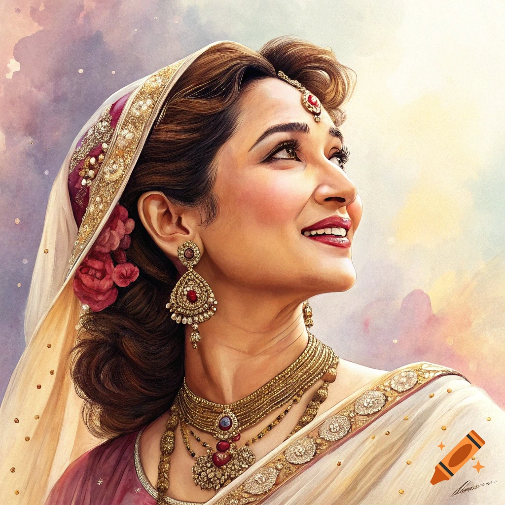 Portrait of a woman in traditional Indian jewelry and sari, looking up, painterly style.
