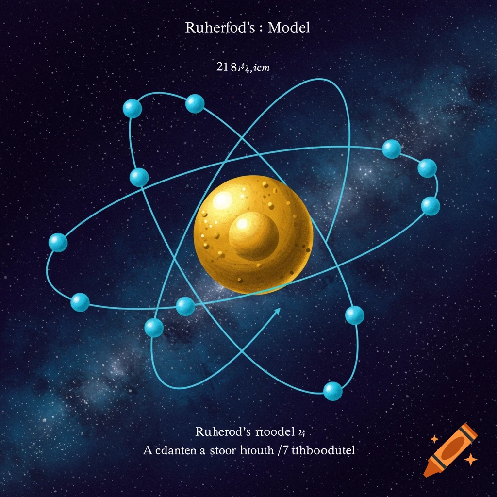 Diagram of an atom model with orbiting electrons around a nucleus, set against a starry space background.