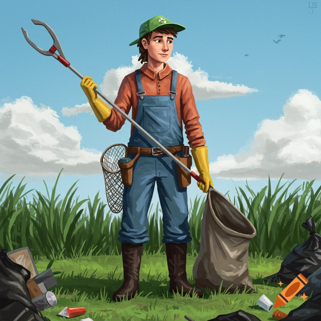 A person wearing overalls, gloves, and a cap uses a grabber tool and carries a bag to pick up trash in a grassy field.
