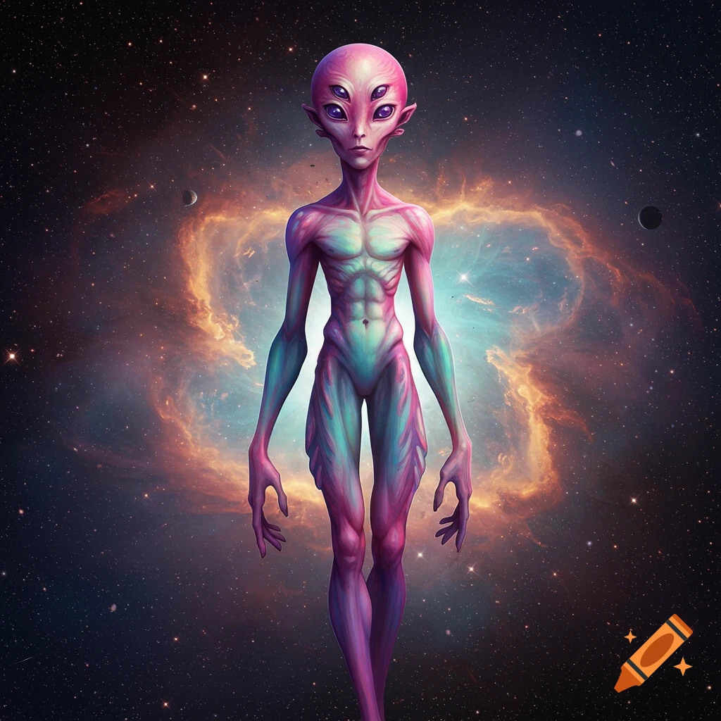 An alien humanoid in space with a nebula background, featuring four eyes.