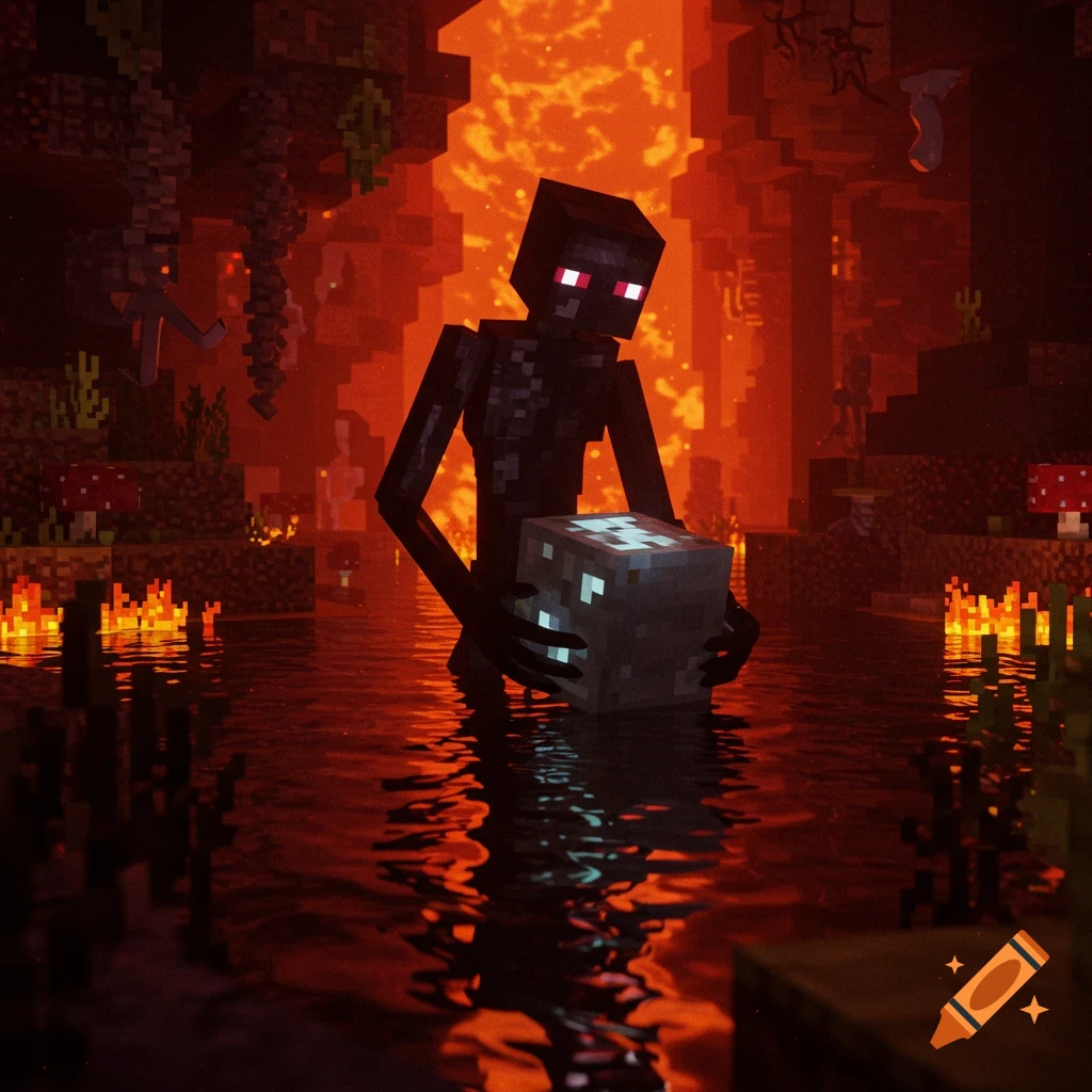 An Enderman stands in water in the fiery Minecraft Nether biome, holding a bedrock block.