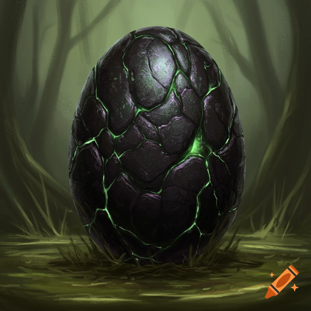 A dark dragon egg with glowing green cracks sits in a forest.