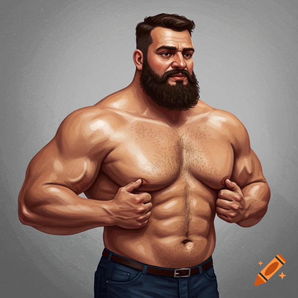 A muscular man pulling at his chest.