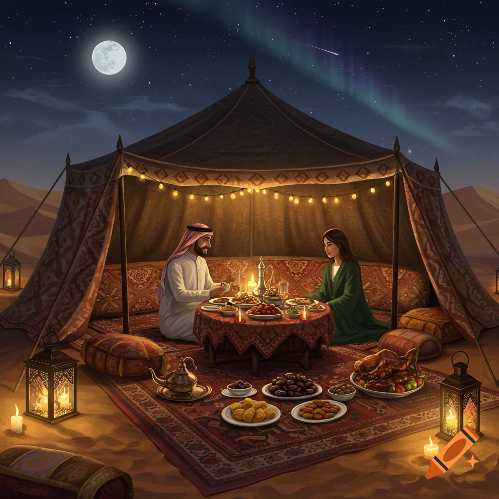 A couple is having dinner in a tent in the desert under a starry sky.