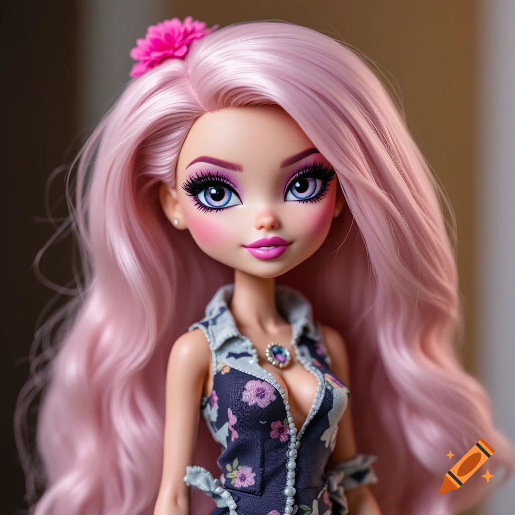 Close-up of a 3D rendered doll in the style of Bratz with long pink hair and a floral top.