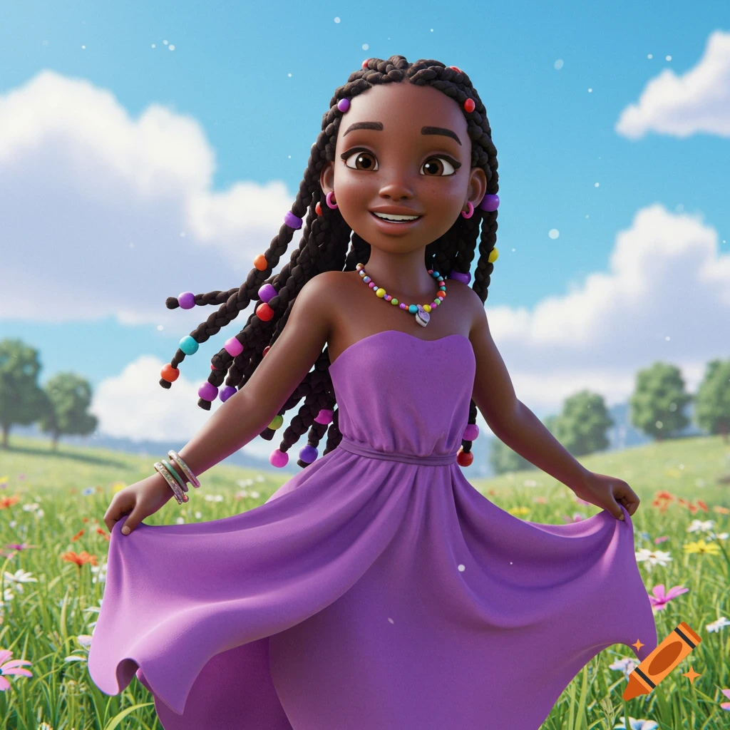 Cartoon girl in purple dress with braids in a flower field