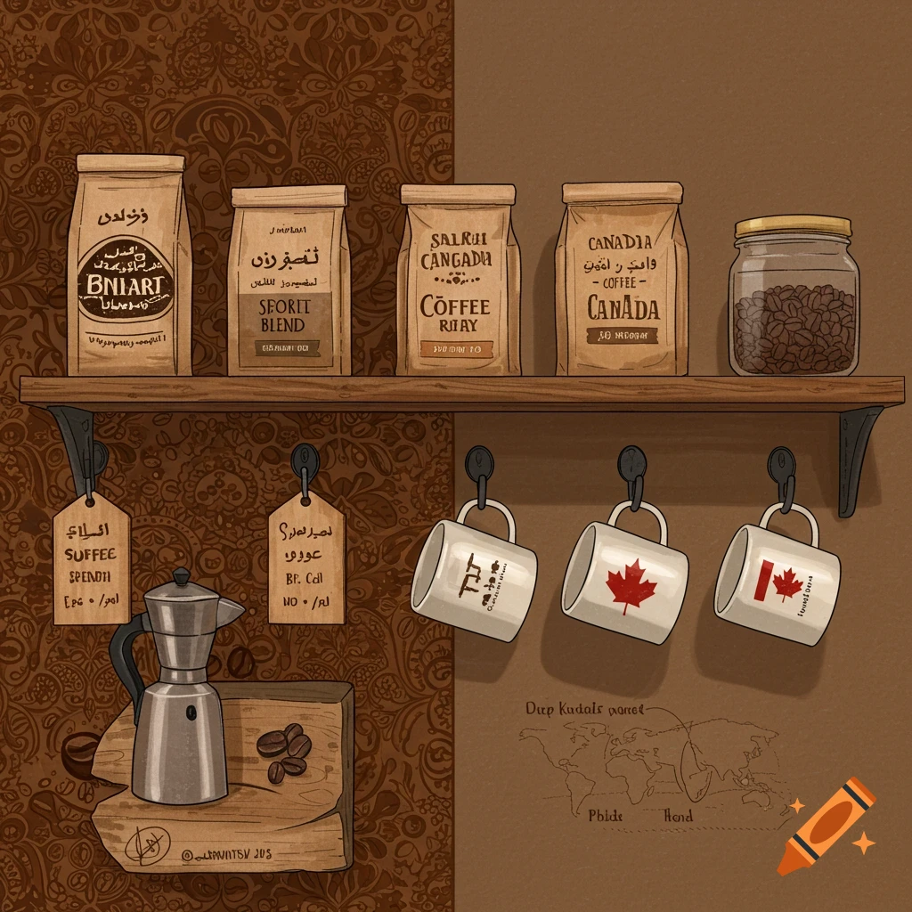 A stylized coffee corner with shelves holding bags of coffee beans, a moka pot, a jar of beans, and mugs, incorporating Middle Eastern and Canadian design elements.