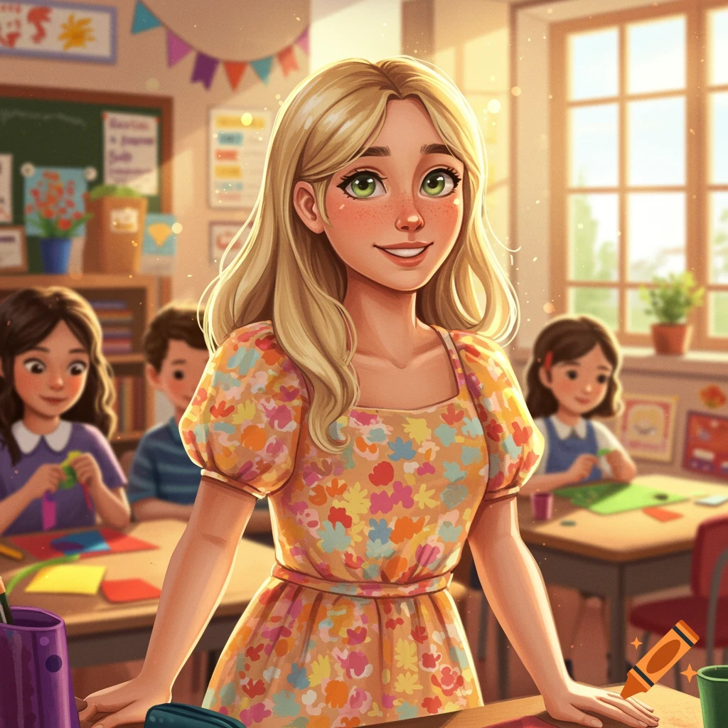 A whimsical illustration of a smiling teacher in a bright classroom with students.