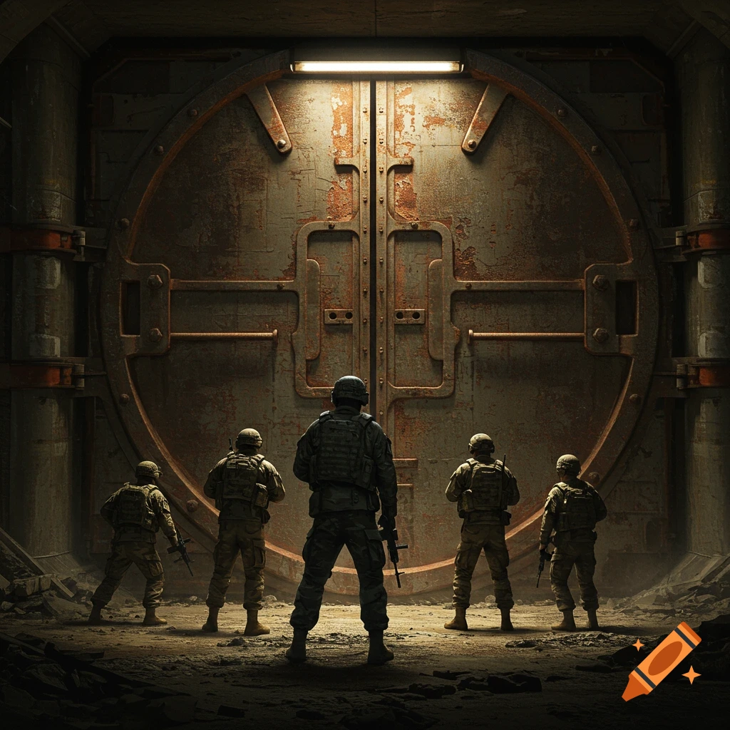 Soldiers facing a large rusted metal door in a dark underground bunker.