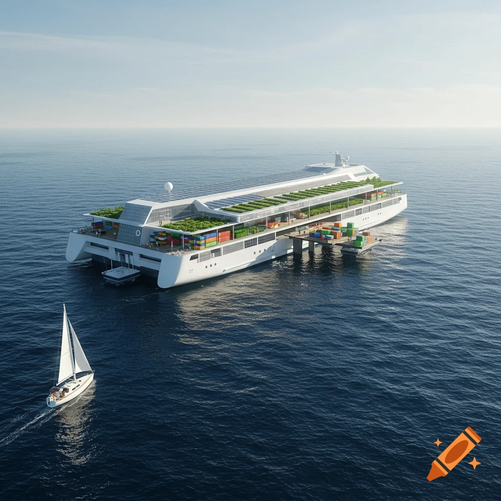 A large, futuristic floating structure with gardens and containers in the ocean, viewed from a small sailing yacht. Photorealistic style.
