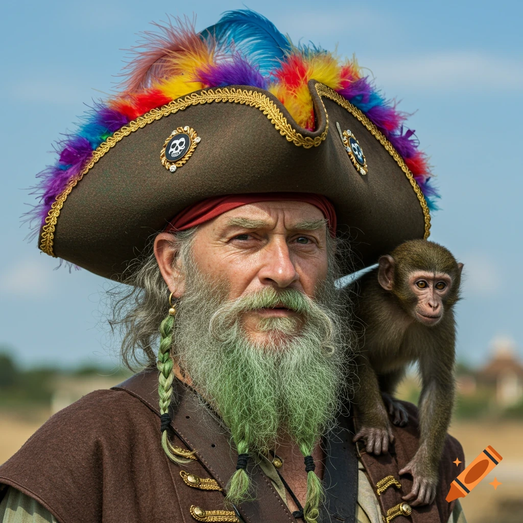 Portrait of an old pirate with a green beard and a colorful feathered hat, with a monkey on his shoulder.