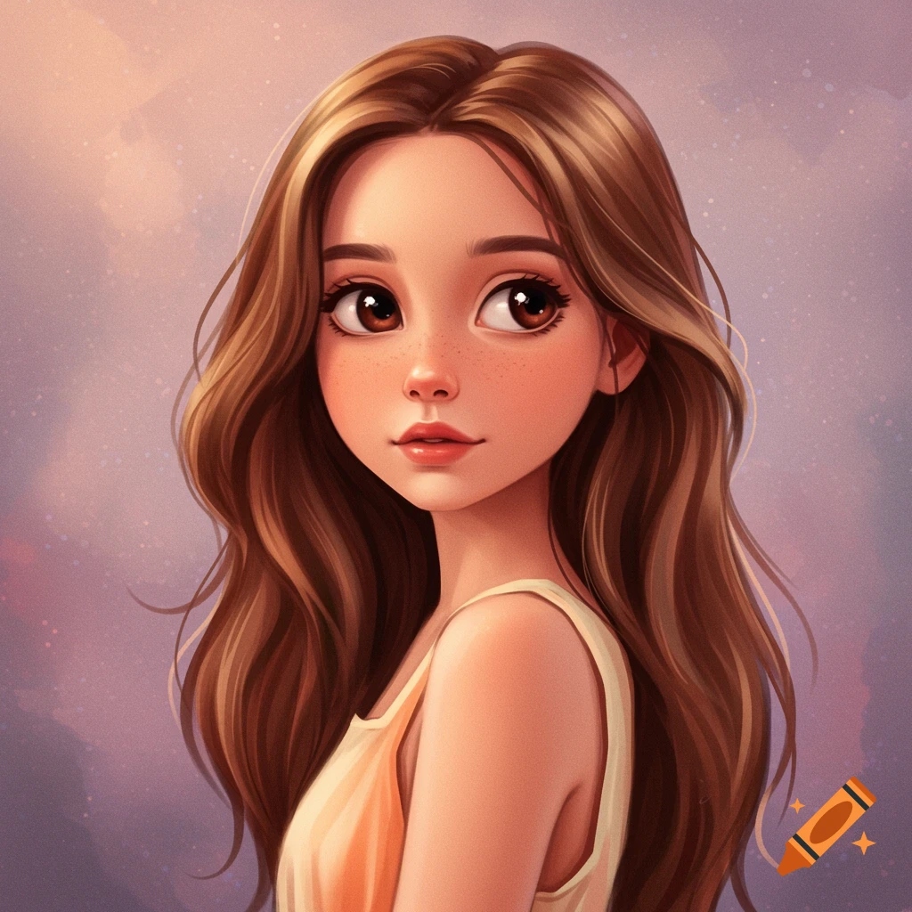 A young girl with long brown hair and big eyes in a soft, painterly style.