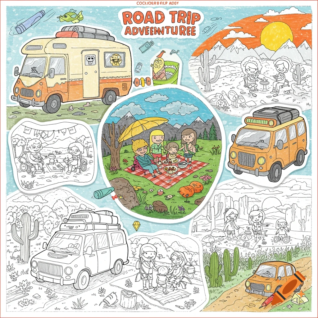 Cartoon collage of road trip coloring page illustrations featuring camper van, family picnic, and desert scenes.