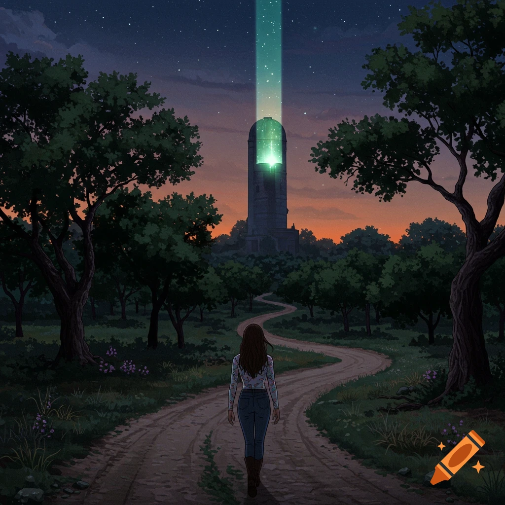 Woman walks towards a glowing tower in a forest at dusk. Illustration.