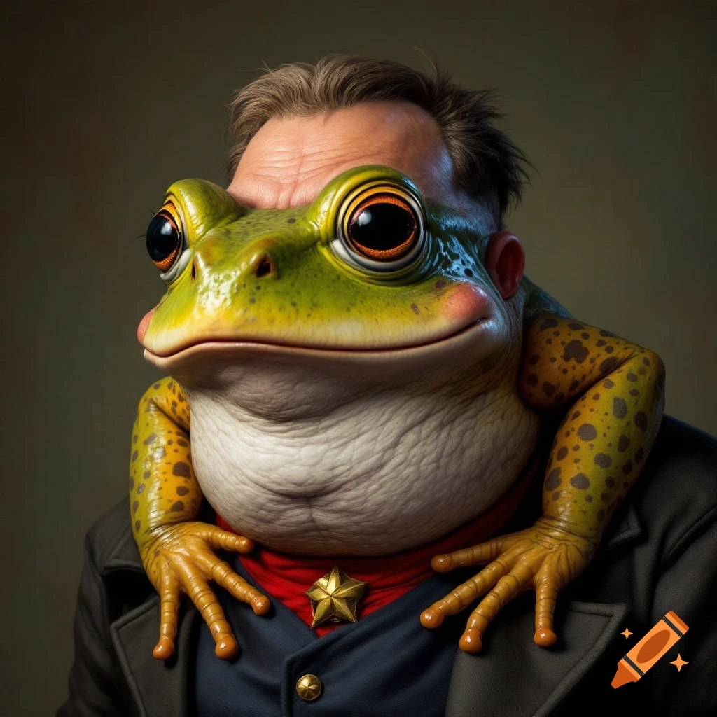 Realistic portrait of a creature with a man's head and a toad's body, wearing a jacket and red scarf.