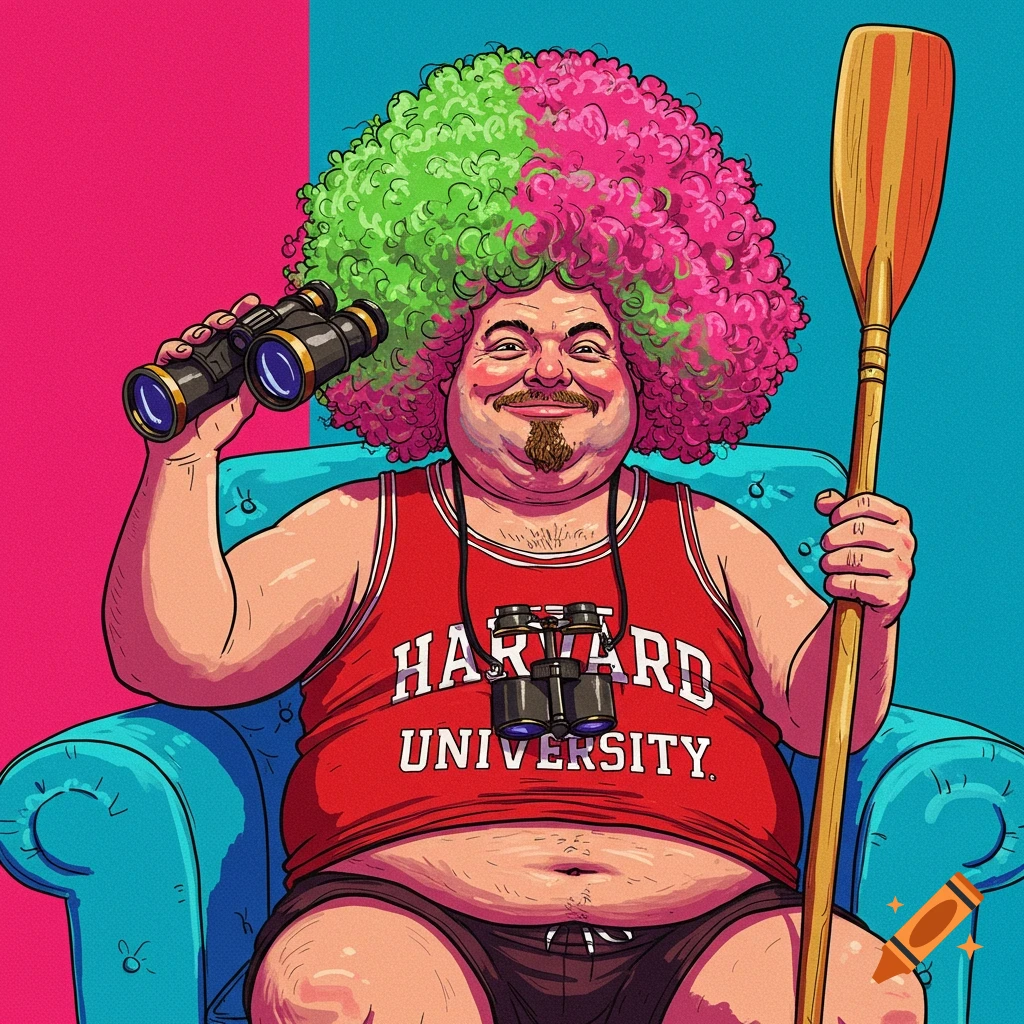 A cartoon illustration of a man in a Harvard University tank top, crazy green and pink afro wig, holding binoculars and an oar while sitting in a chair.