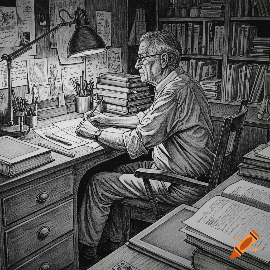 Drawing of an older man sitting at a cluttered desk, writing, surrounded by books and papers.