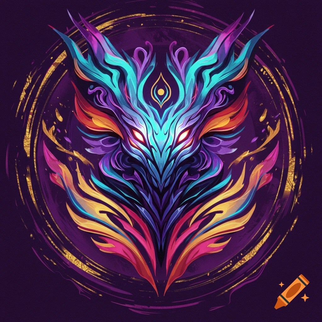 A colorful, abstract, stylized mystic creature head