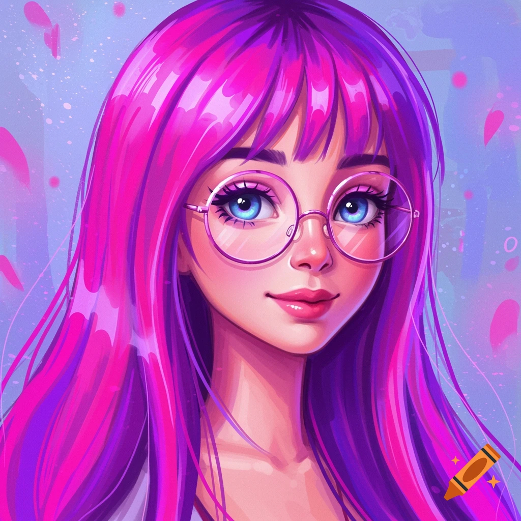 Stylized portrait of a girl with bright purple hair and round glasses.