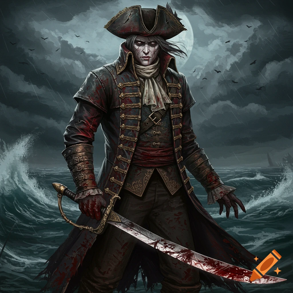 Dark fantasy pirate with a bloody sword in stormy seas under a full moon.