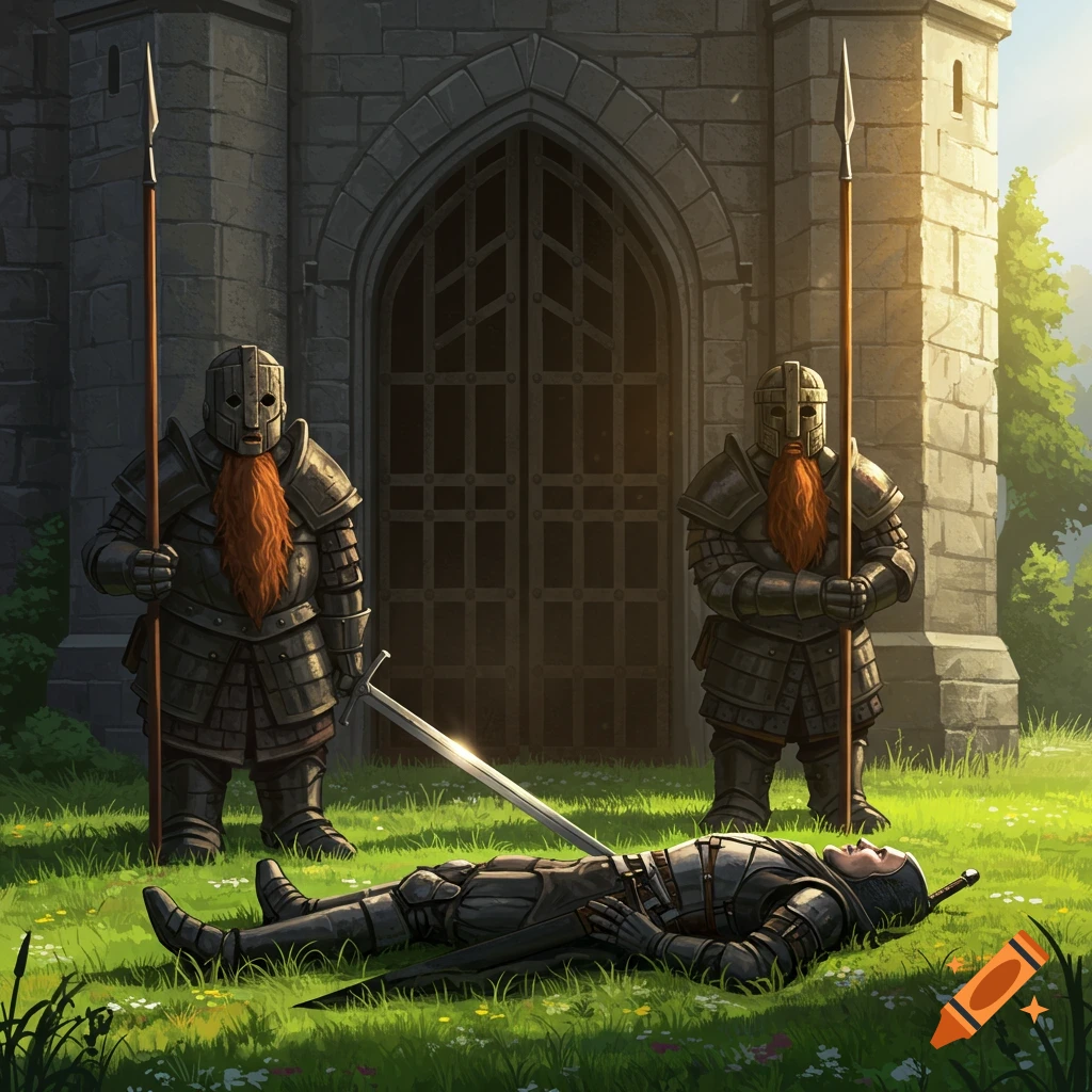Fallen knight lies on the grass before castle gates, watched by two dwarf sentries in armor with spears.